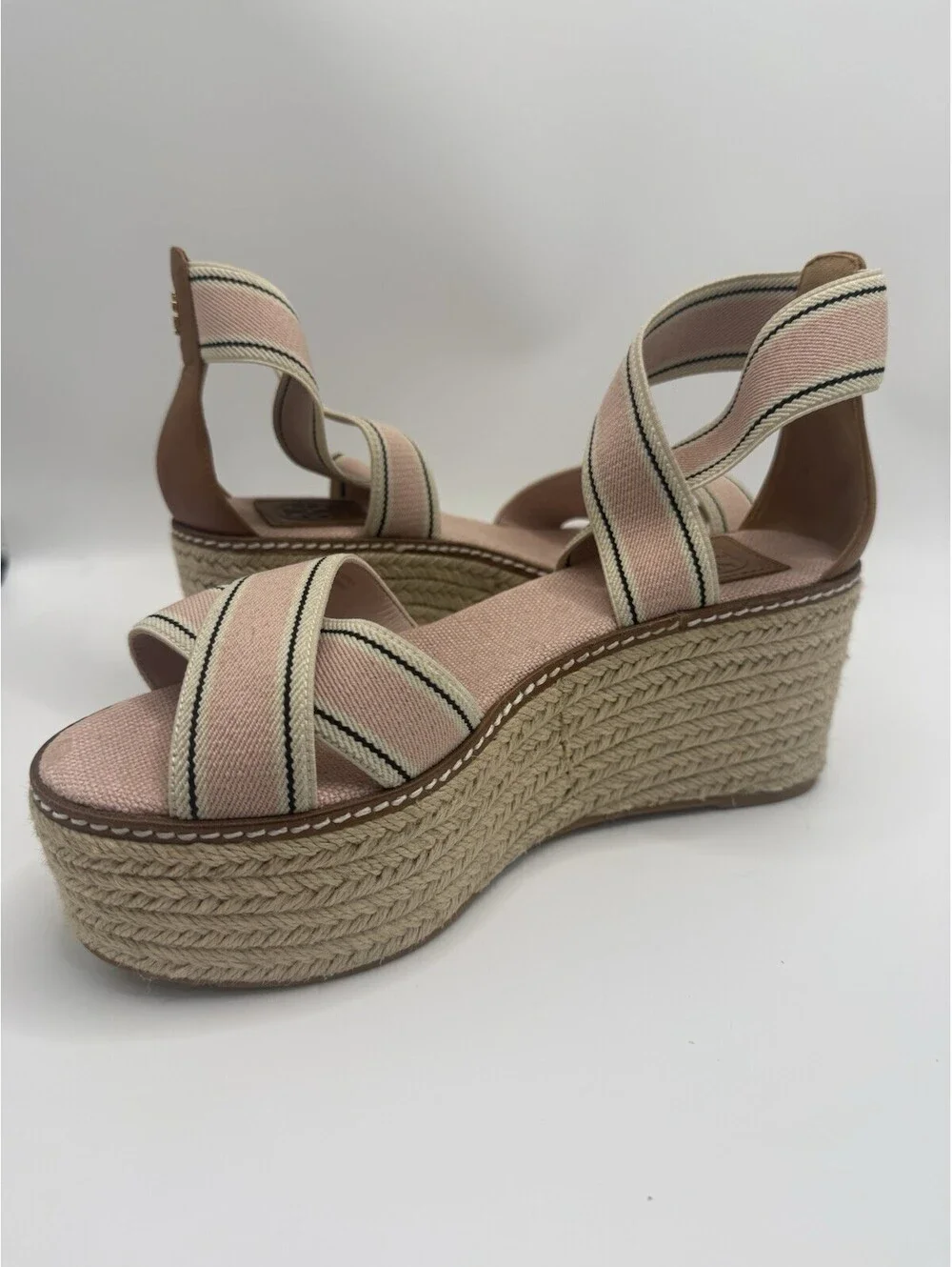 Tory Burch Women Frieda US 7 M Stripe Pink Platform Espadrille Wedge Sandal NWOB